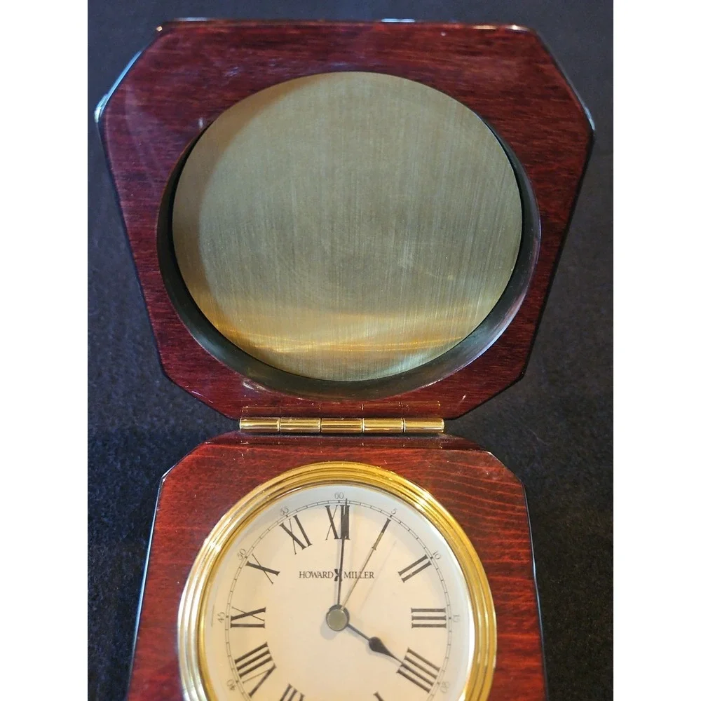 Howard Miller Polish Rosewood Desk Clock Hinge Top Box‎ Gold Metal Glass 645-392